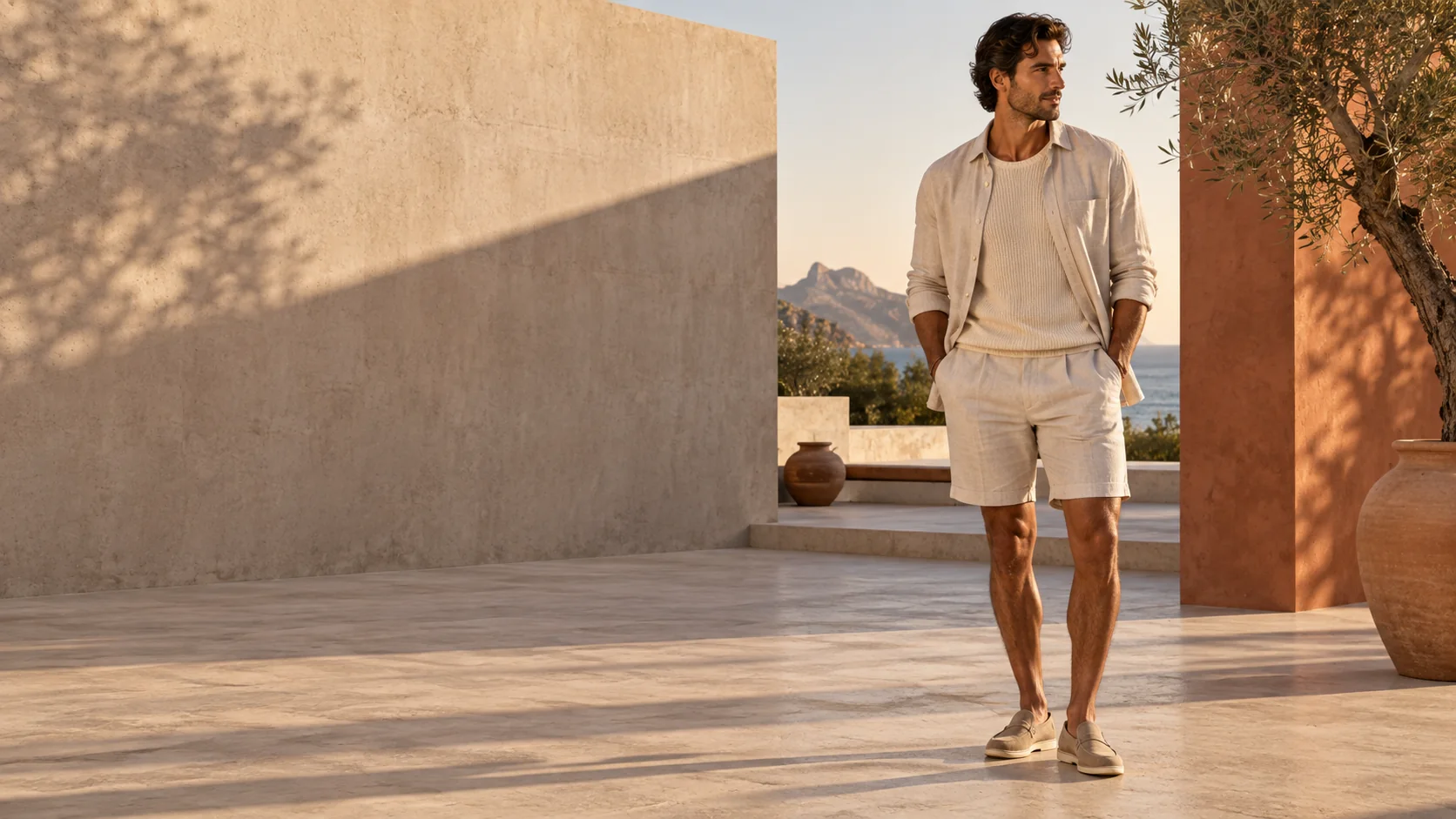 Moda casual masculina em tons claros para dias de sol